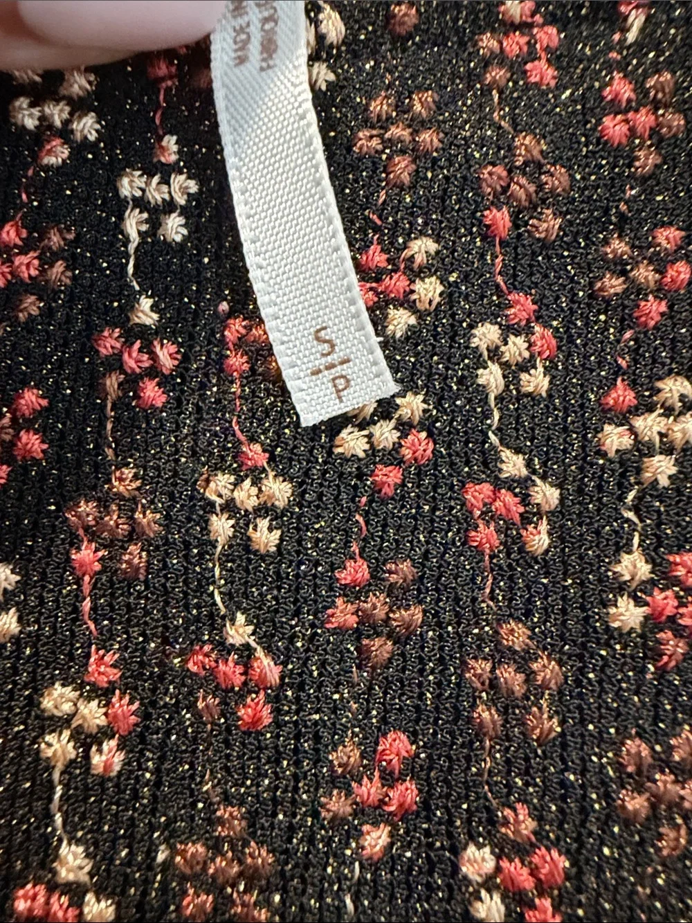 Free People Black Knit Pants with Metallic Thread and Pink Floral Embroidery